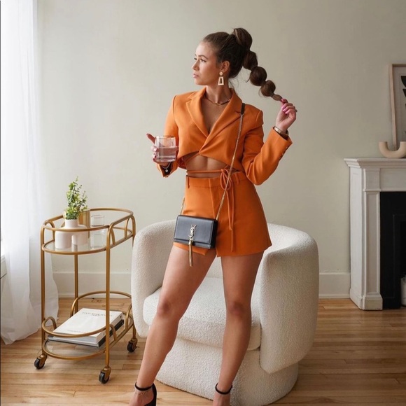 ZARA 2 piece Tangerine Tied Crop Blazer and Skort - Picture 6 of 11